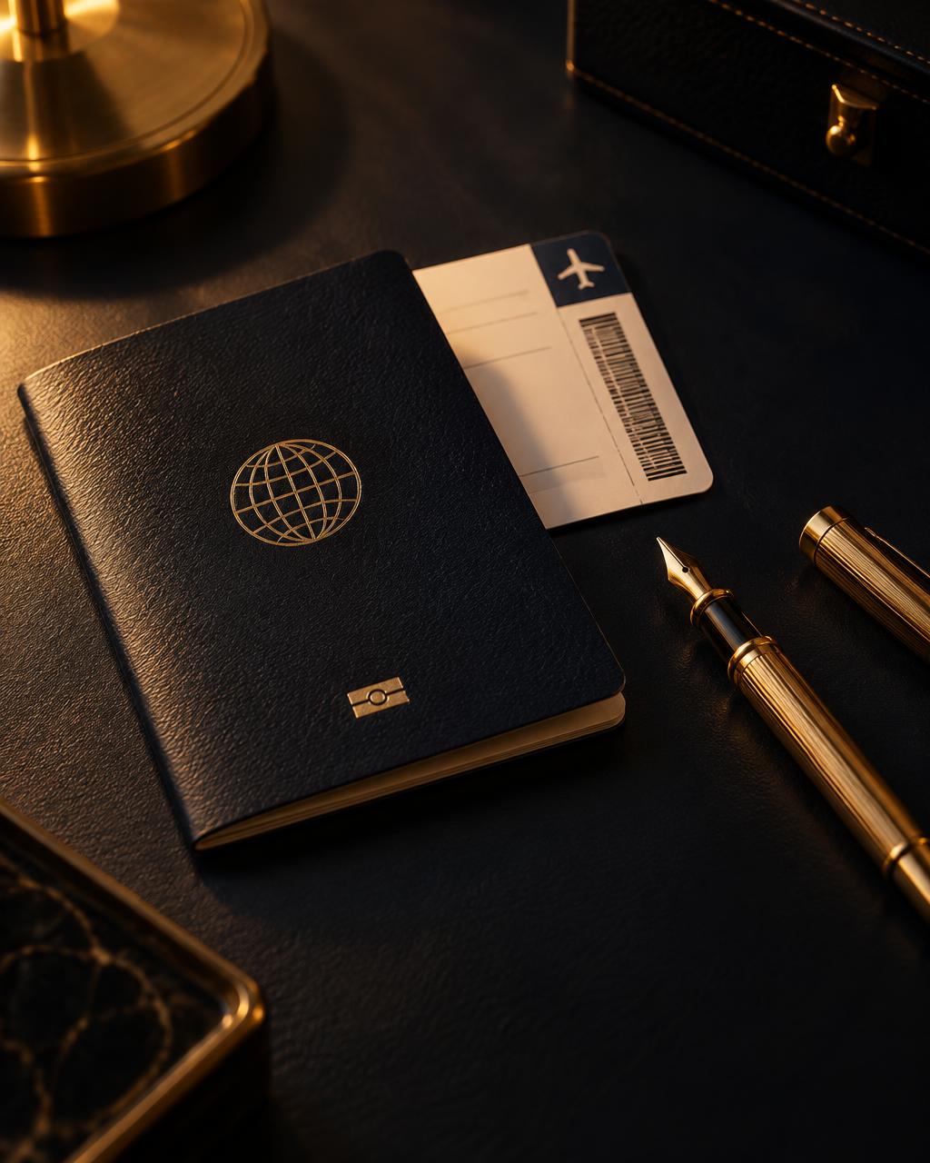 Pasaporte, pase de abordar y pluma dorada sobre un escritorio de cuero